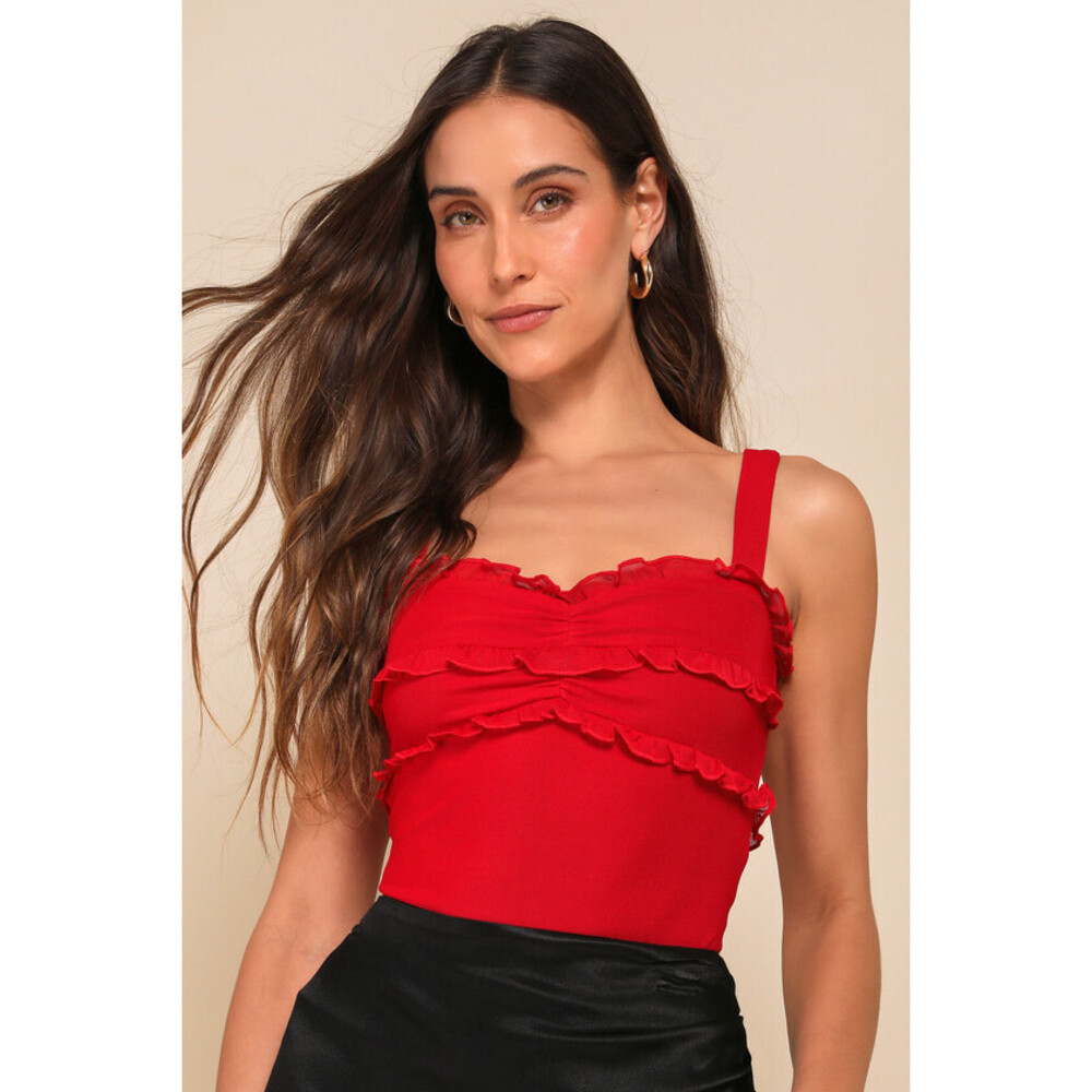 Lulus Essentially Iconic Red Mesh Ruffled Sleeveless Bodysuit - Size M